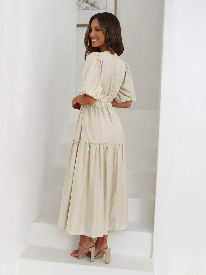 Women's Everyday Day Dress Deep V-Neck Puff Sleeve Smocked Waist Midi