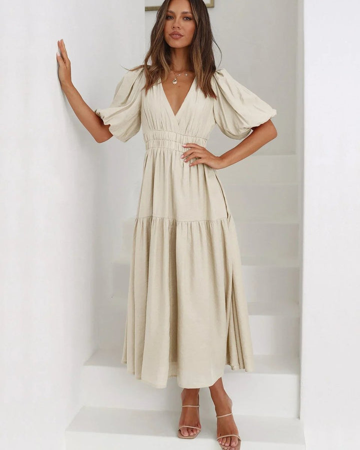 Women's Everyday Day Dress Deep V-Neck Puff Sleeve Smocked Waist Midi