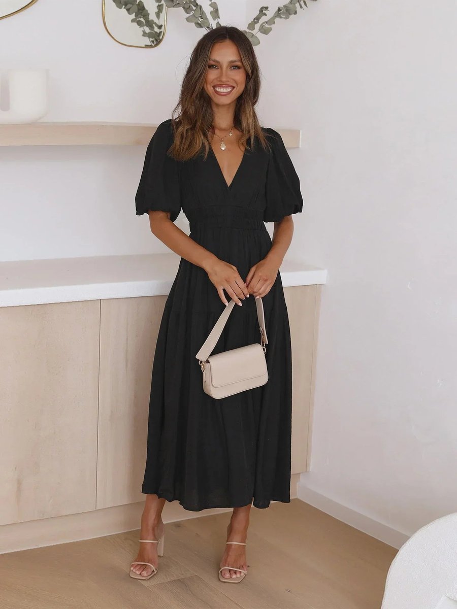 Women's Everyday Day Dress Deep V-Neck Puff Sleeve Smocked Waist Midi
