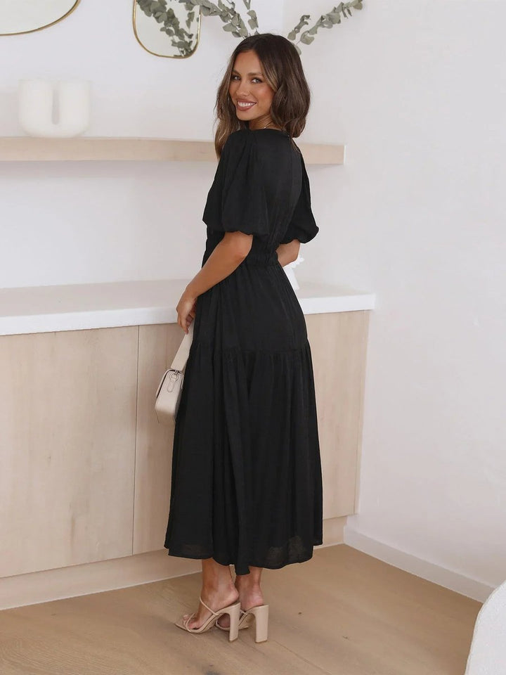 Women's Everyday Day Dress Deep V-Neck Puff Sleeve Smocked Waist Midi