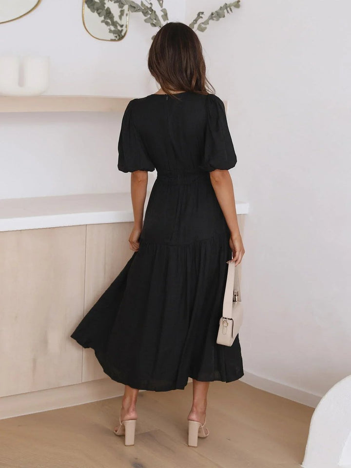 Women's Everyday Day Dress Deep V-Neck Puff Sleeve Smocked Waist Midi