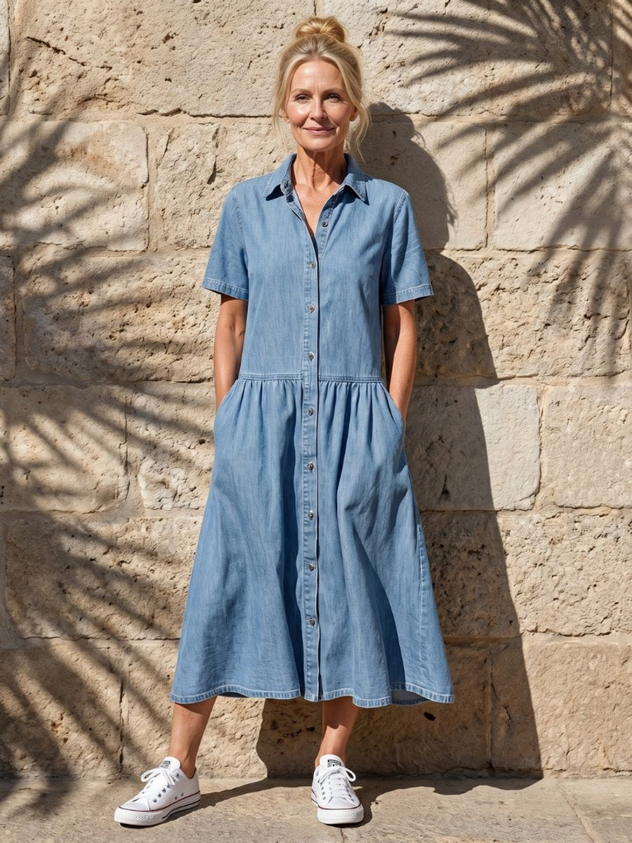 Women's Everyday Day Dress Denim Gathered Waist Midi Shirt Dress
