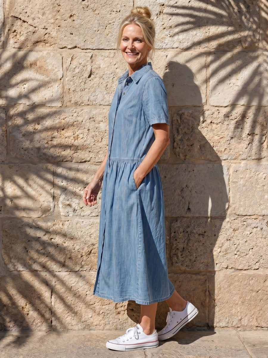Women's Everyday Day Dress Denim Gathered Waist Midi Shirt Dress