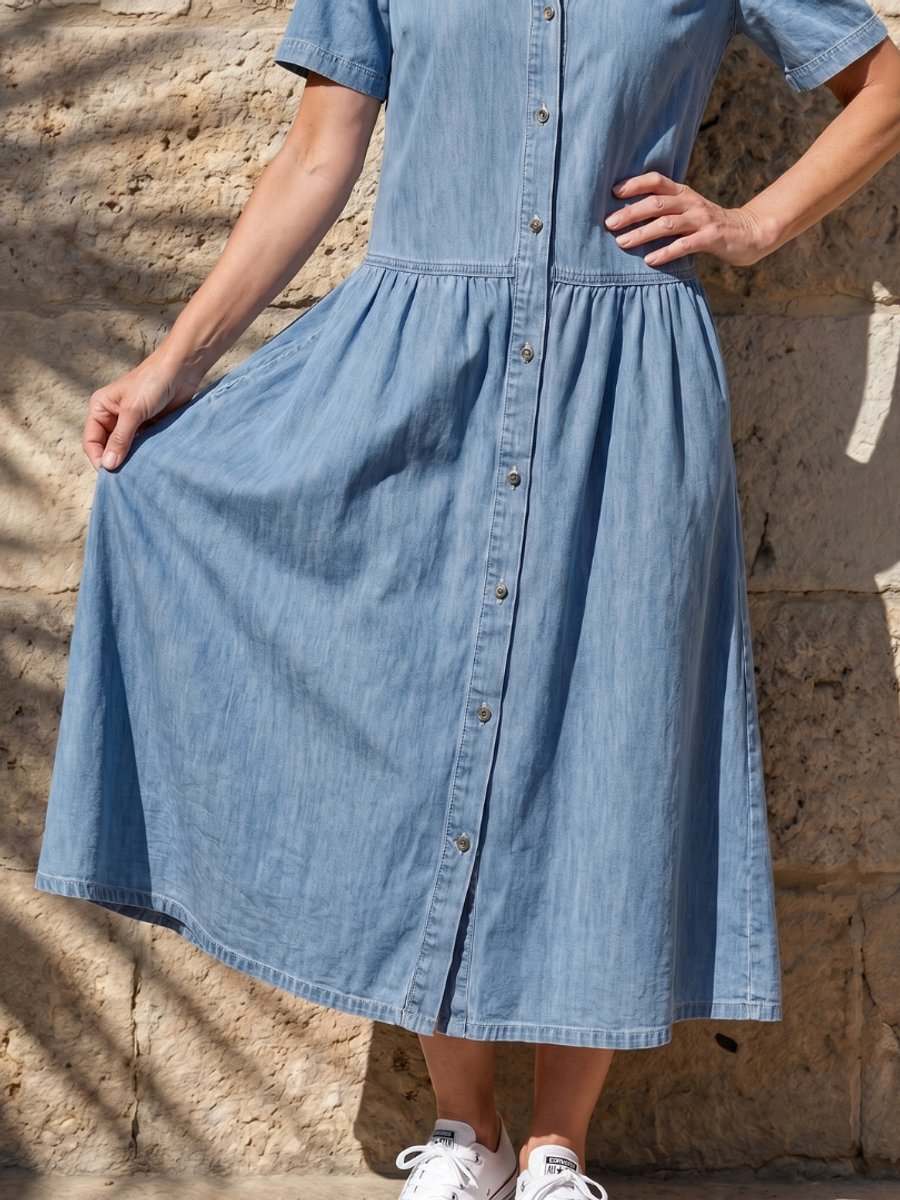 Women's Everyday Day Dress Denim Gathered Waist Midi Shirt Dress