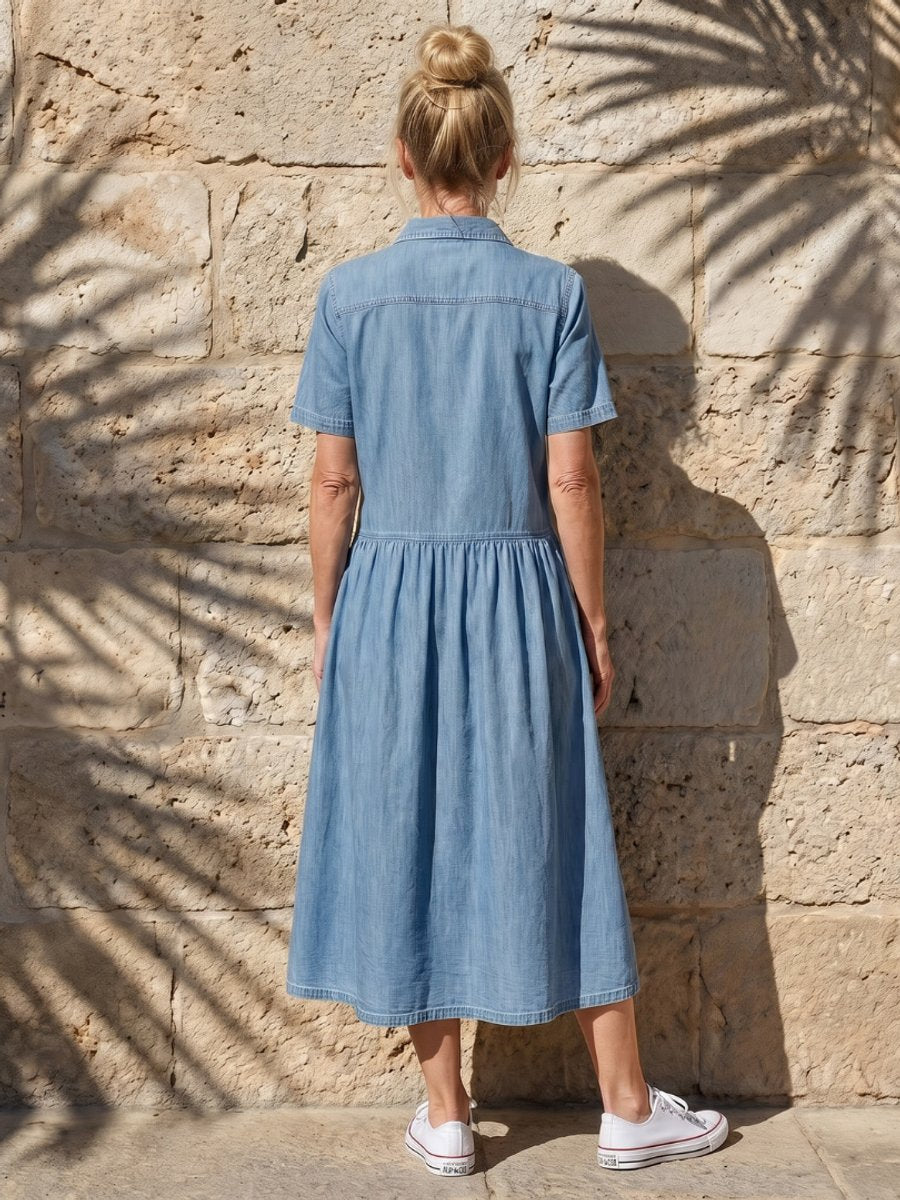 Women's Everyday Day Dress Denim Gathered Waist Midi Shirt Dress
