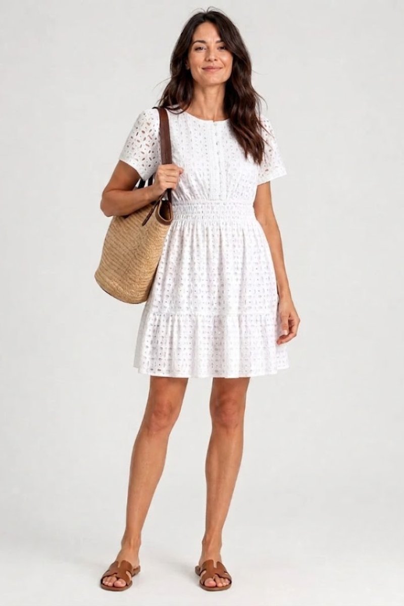 Women's Everyday Day Dress Eyelet Flutter Sleeve Smocked Mini