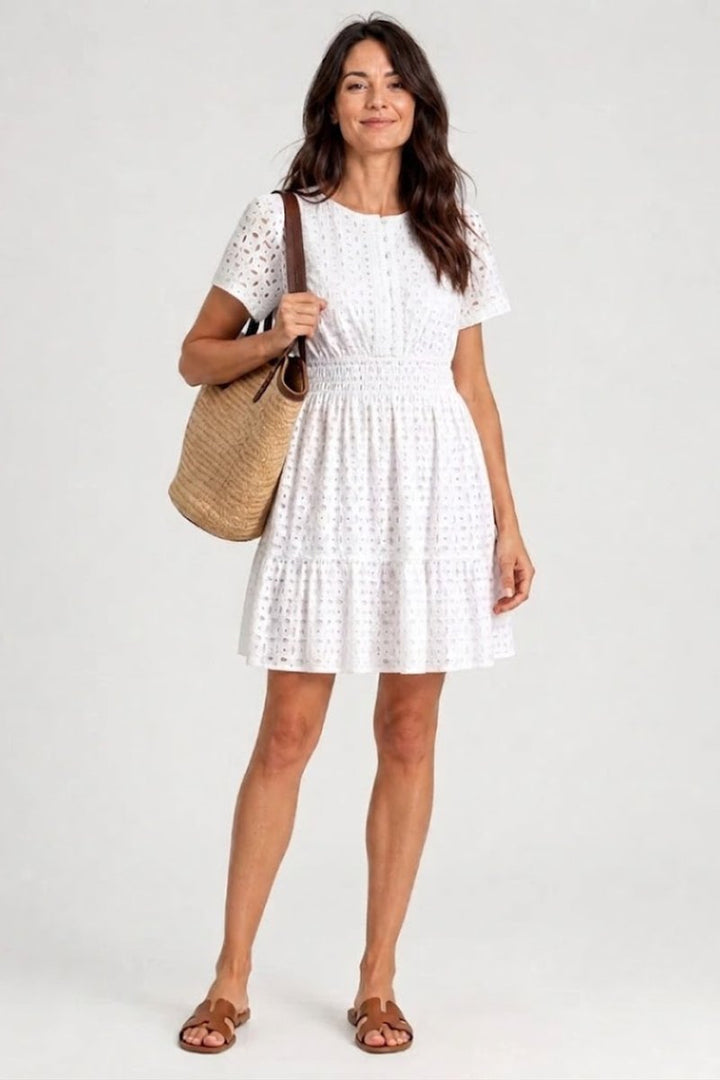 Women's Everyday Day Dress Eyelet Flutter Sleeve Smocked Mini