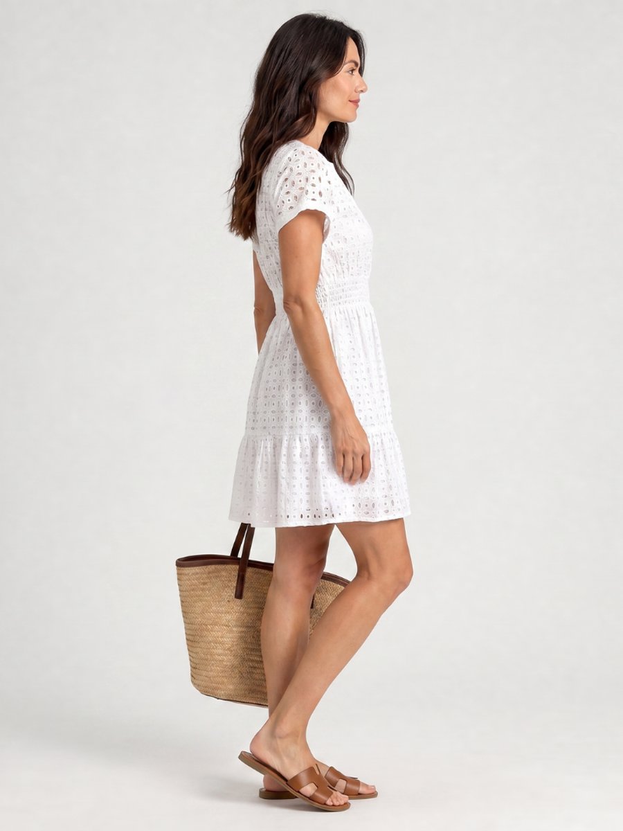 Women's Everyday Day Dress Eyelet Flutter Sleeve Smocked Mini