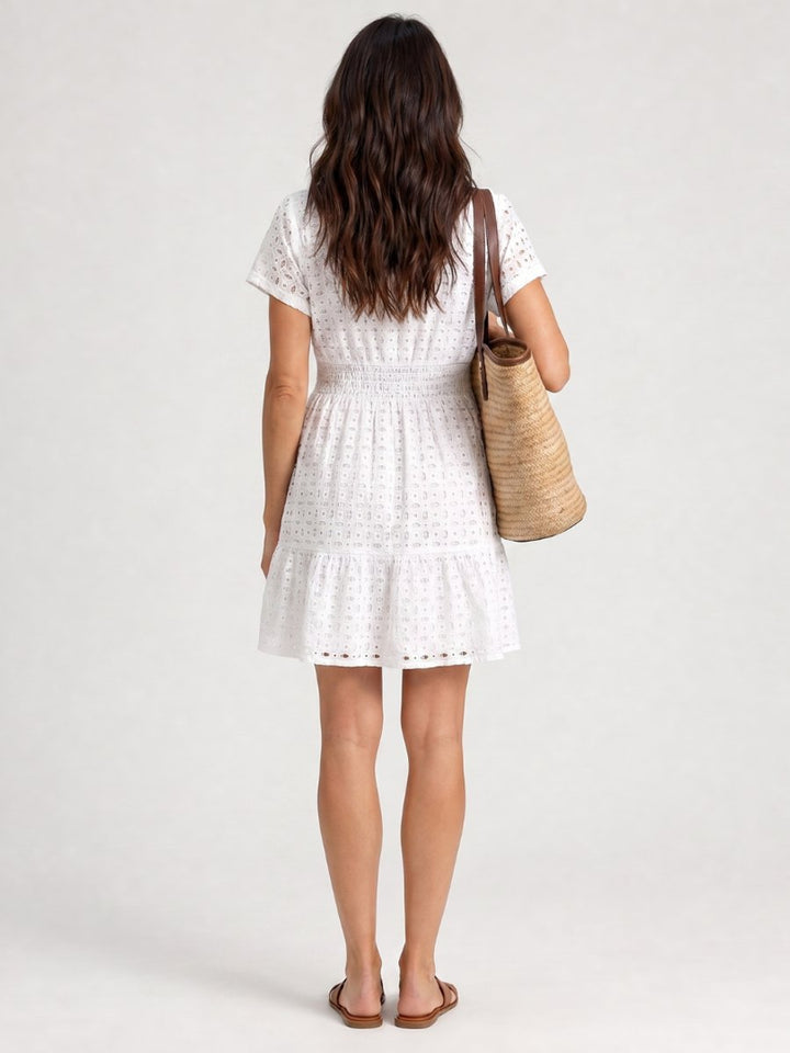 Women's Everyday Day Dress Eyelet Flutter Sleeve Smocked Mini