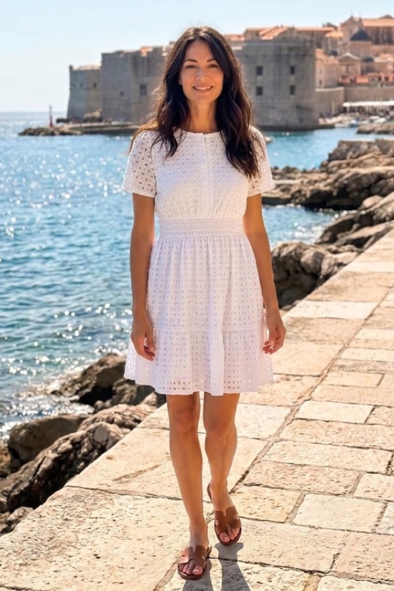 Women's Everyday Day Dress Eyelet Flutter Sleeve Smocked Mini