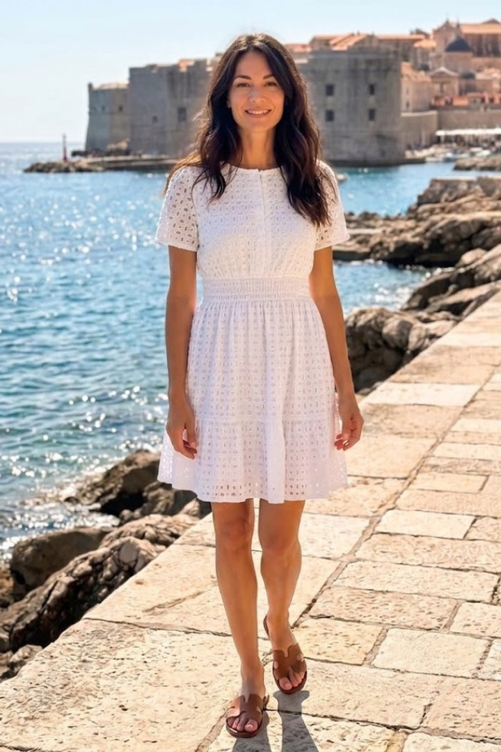Women's Everyday Day Dress Eyelet Flutter Sleeve Smocked Mini