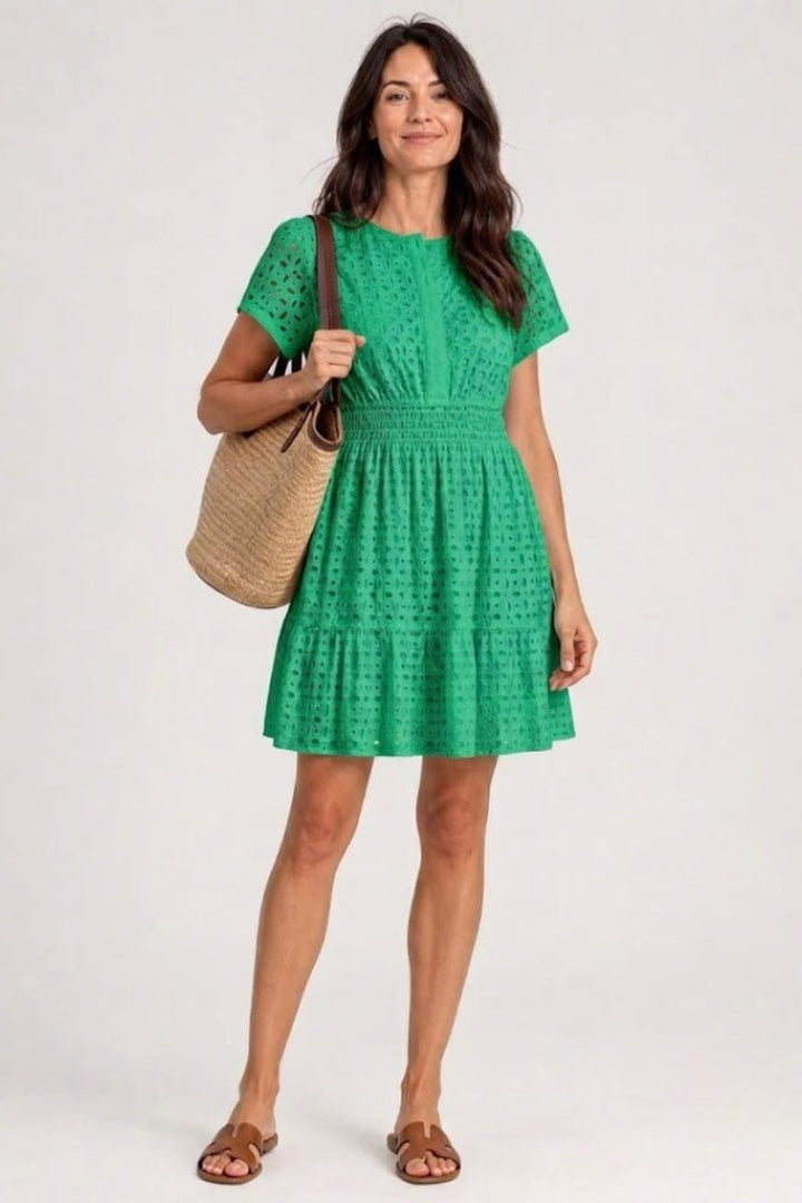 Women's Everyday Day Dress Eyelet Flutter Sleeve Smocked Mini