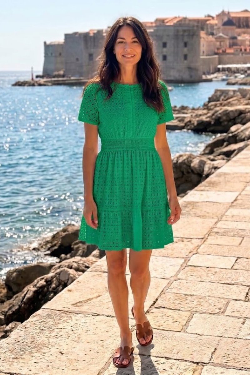 Women's Everyday Day Dress Eyelet Flutter Sleeve Smocked Mini