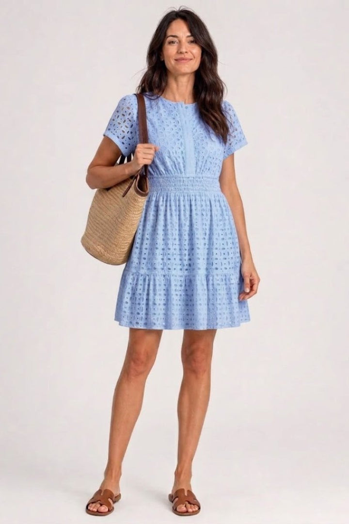 Women's Everyday Day Dress Eyelet Flutter Sleeve Smocked Mini