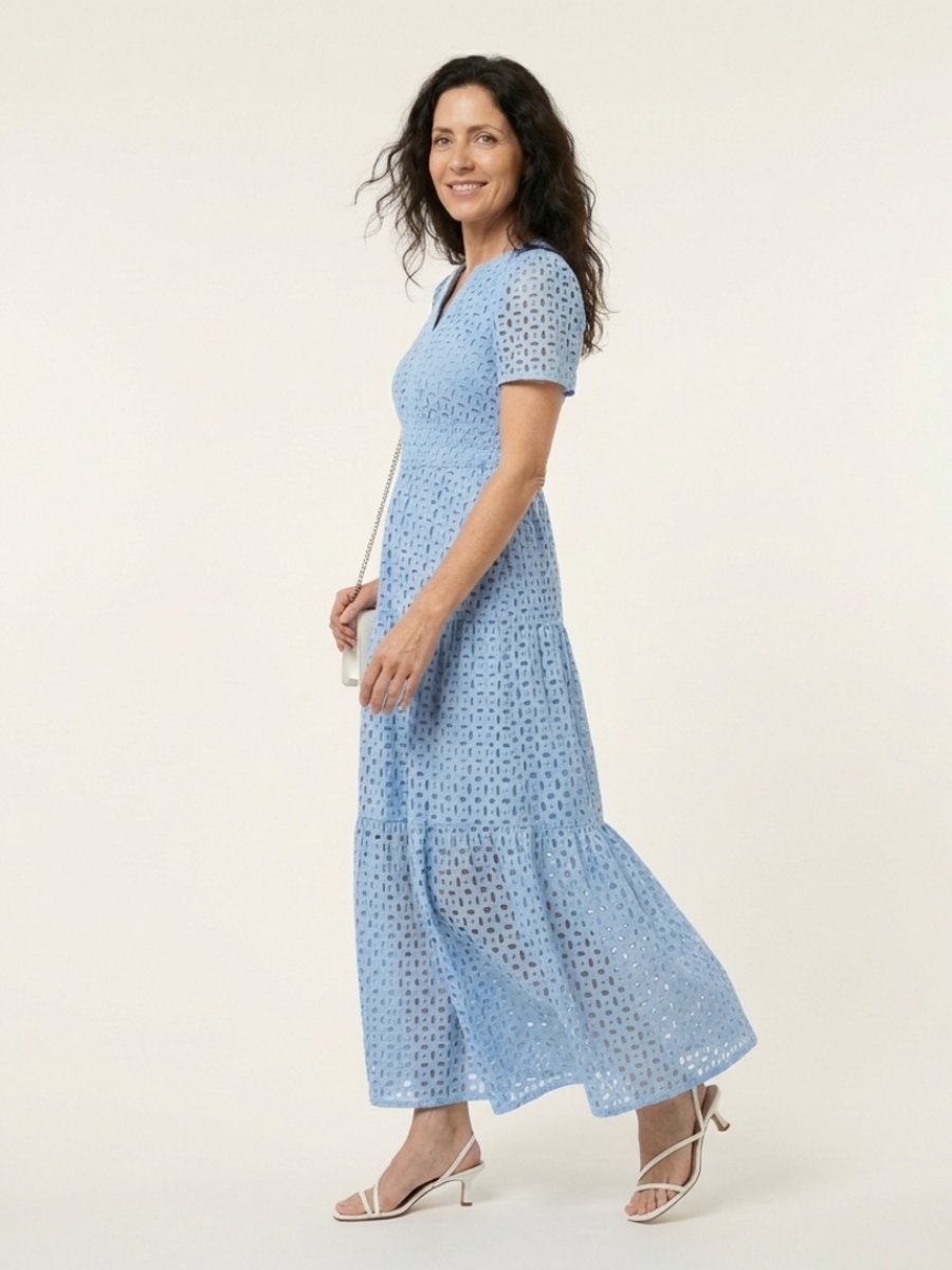 Women's Everyday Day Dress Eyelet Tiered Smocked-Waist Midi