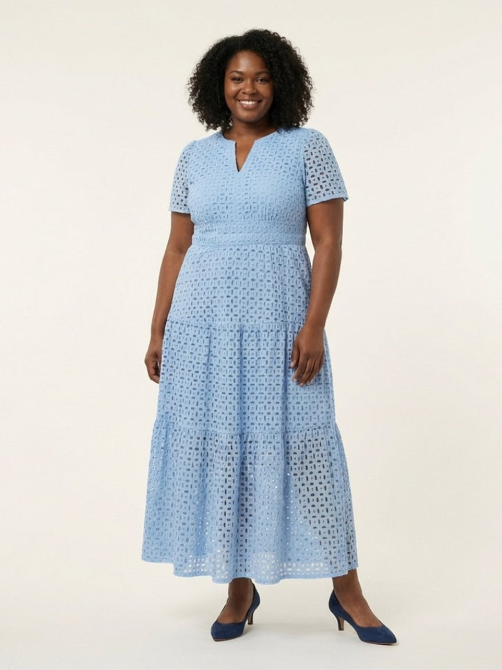 Women's Everyday Day Dress Eyelet Tiered Smocked-Waist Midi