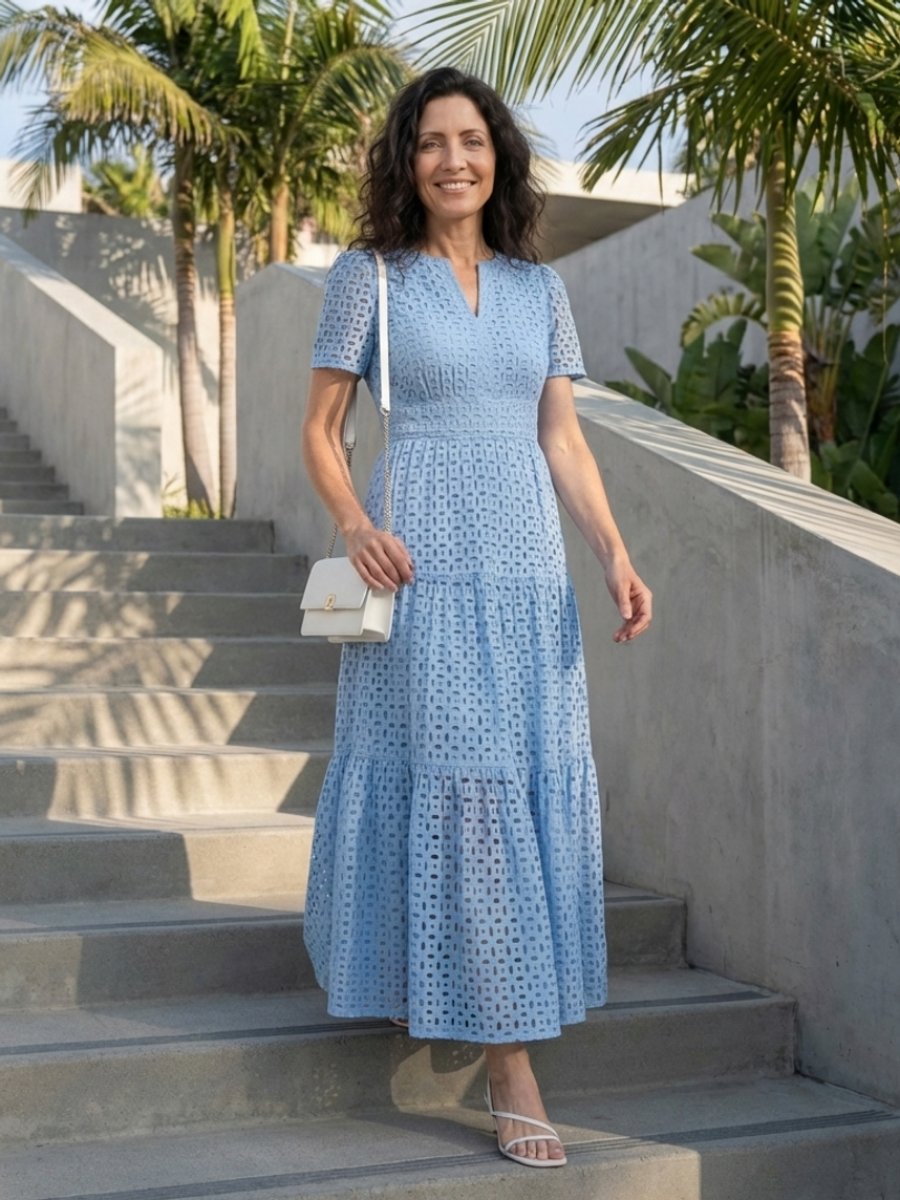 Women's Everyday Day Dress Eyelet Tiered Smocked-Waist Midi