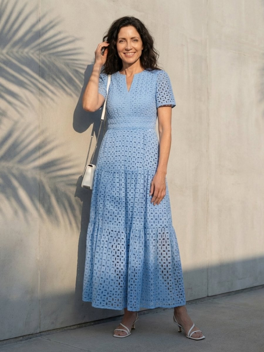 Women's Everyday Day Dress Eyelet Tiered Smocked-Waist Midi