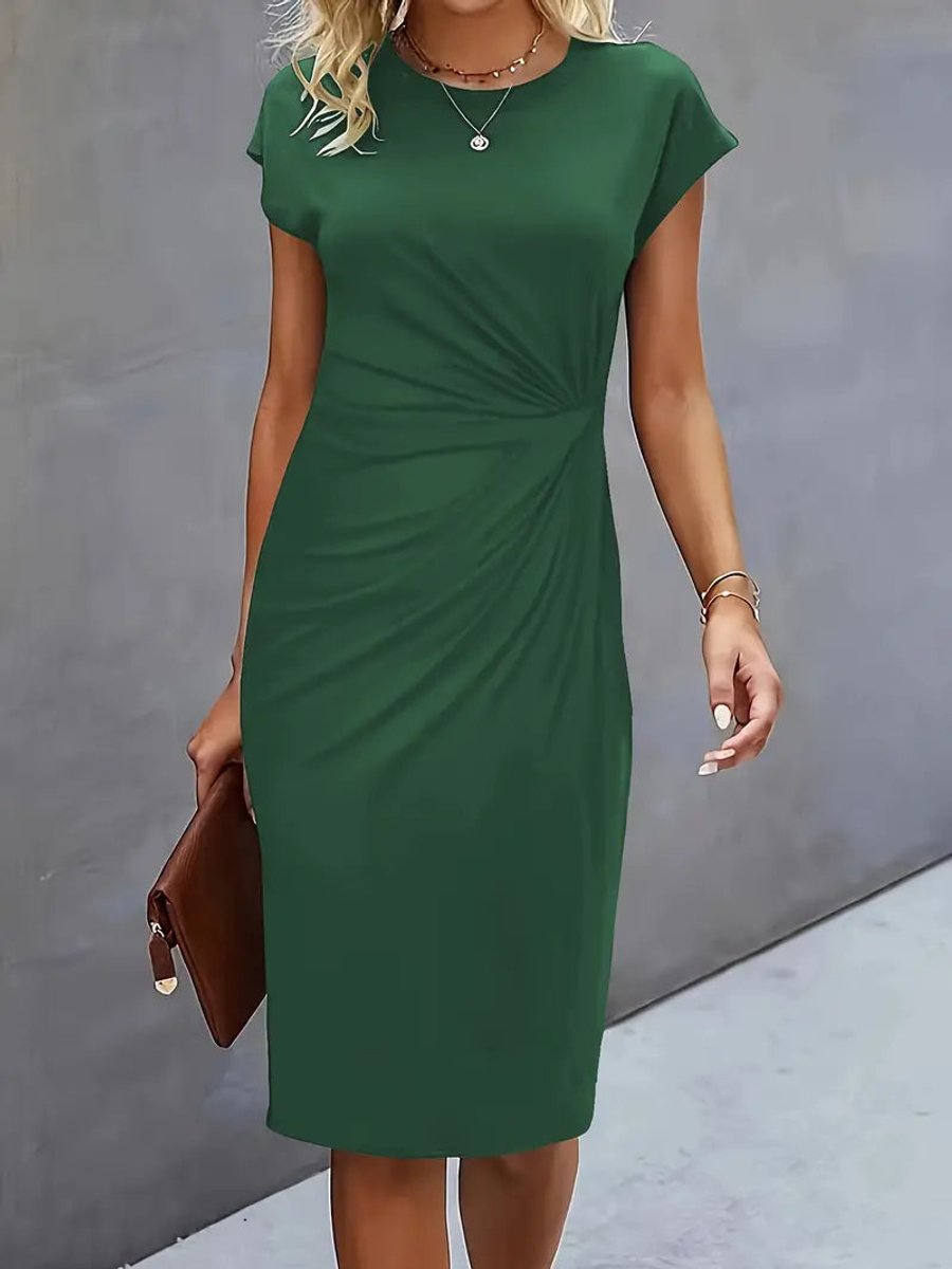 Women's Everyday Day Dress Fitted Round Neck Draped Midi