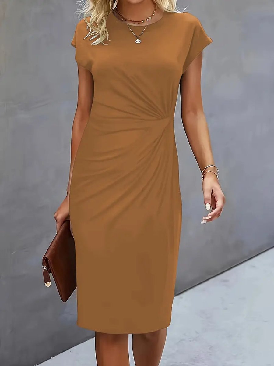 Women's Everyday Day Dress Fitted Round Neck Draped Midi