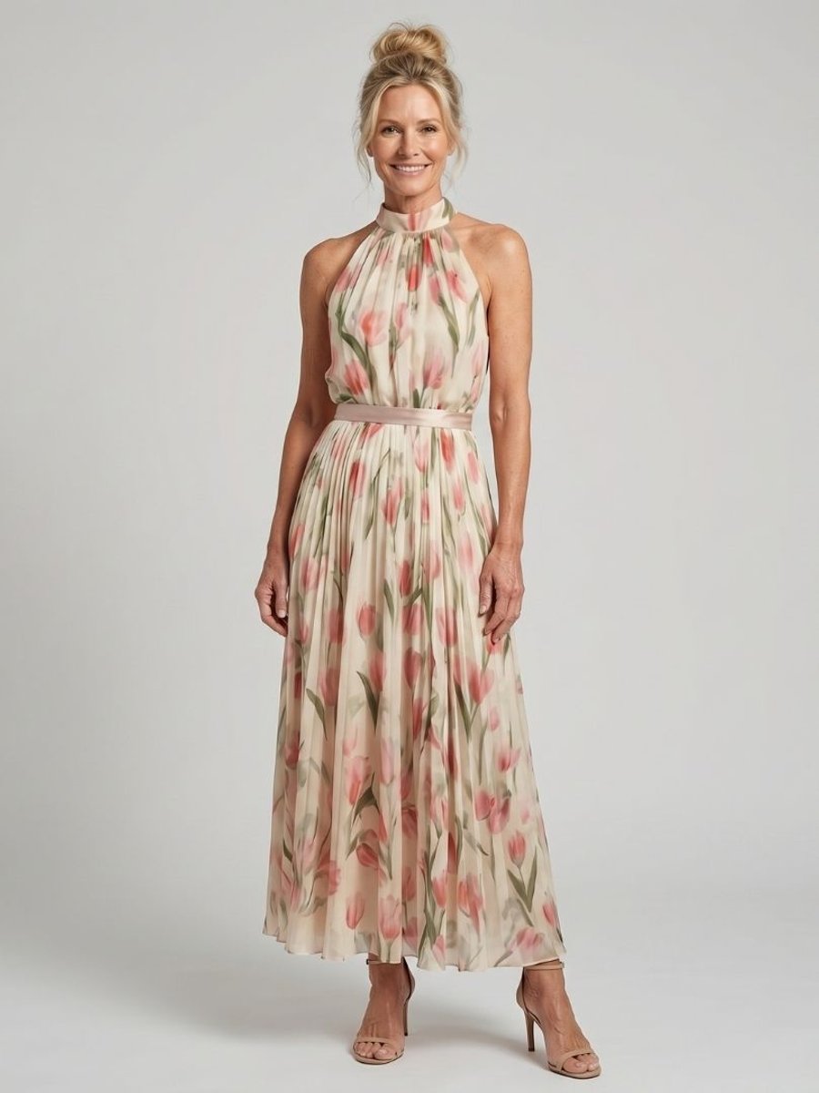 Women's Everyday Day Dress Floral Halter Neck Pleated Midi