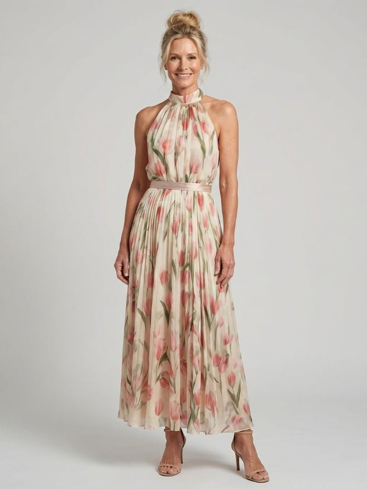 Women's Everyday Day Dress Floral Halter Neck Pleated Midi