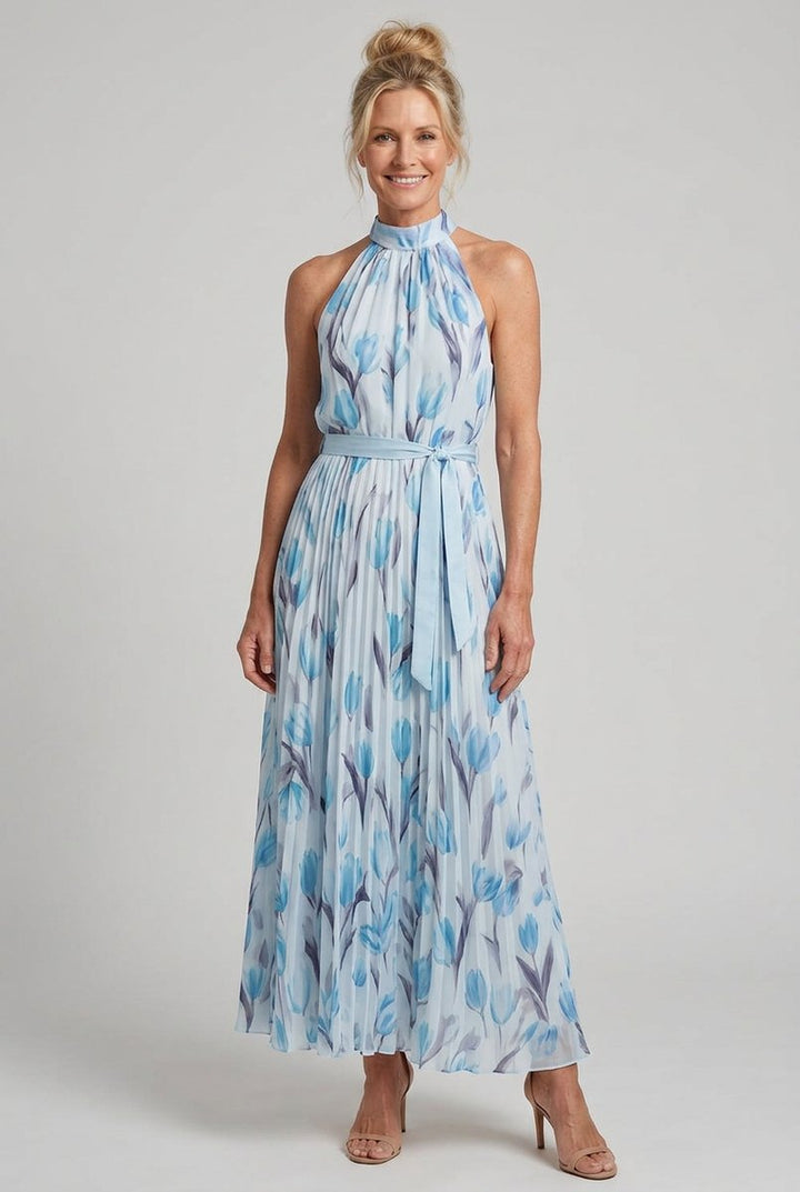 Women's Everyday Day Dress Floral Halter Neck Pleated Midi
