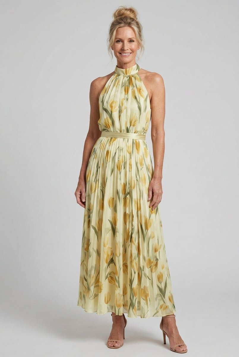 Women's Everyday Day Dress Floral Halter Neck Pleated Midi
