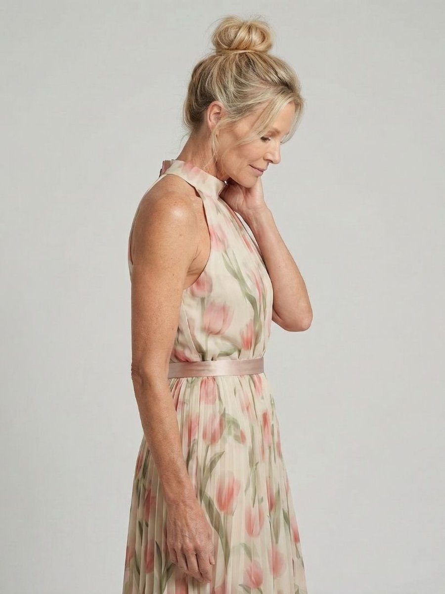 Women's Everyday Day Dress Floral Halter Neck Pleated Midi