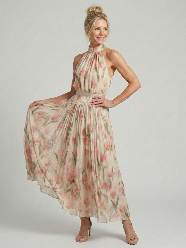 Women's Everyday Day Dress Floral Halter Neck Pleated Midi