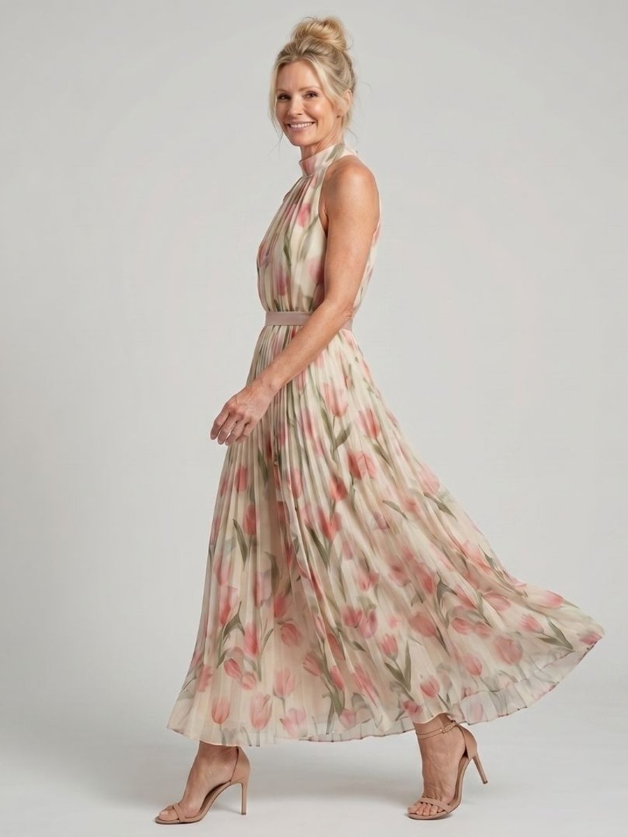 Women's Everyday Day Dress Floral Halter Neck Pleated Midi