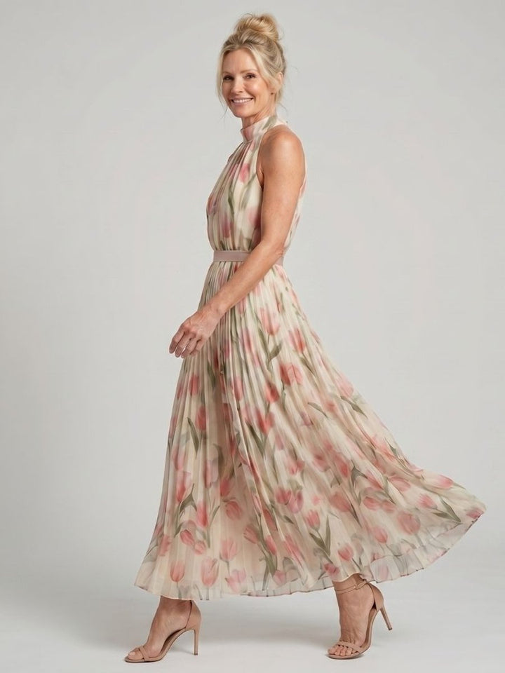 Women's Everyday Day Dress Floral Halter Neck Pleated Midi