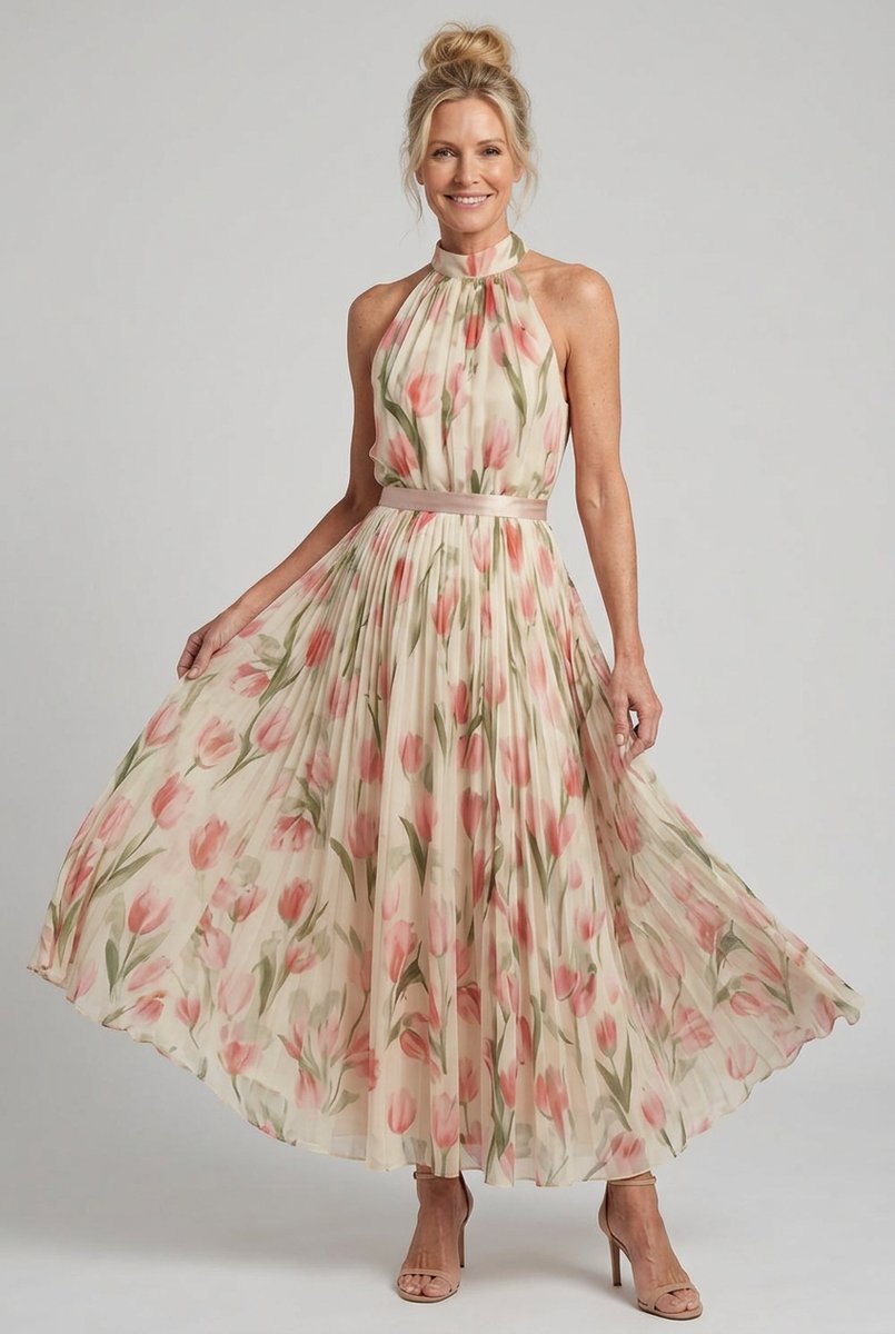 Women's Everyday Day Dress Floral Halter Neck Pleated Midi