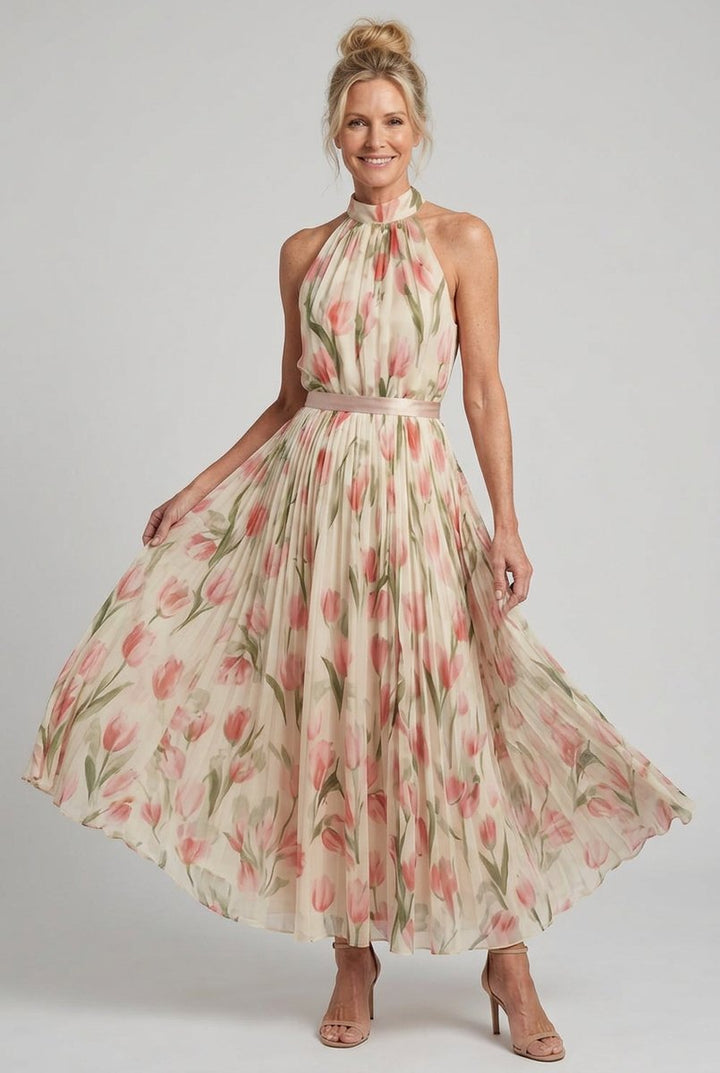 Women's Everyday Day Dress Floral Halter Neck Pleated Midi