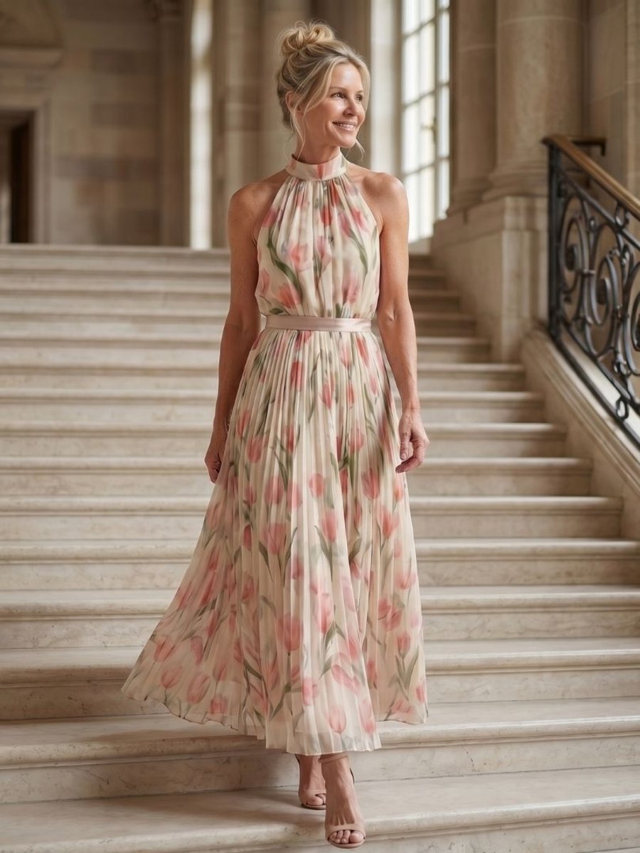 Women's Everyday Day Dress Floral Halter Neck Pleated Midi