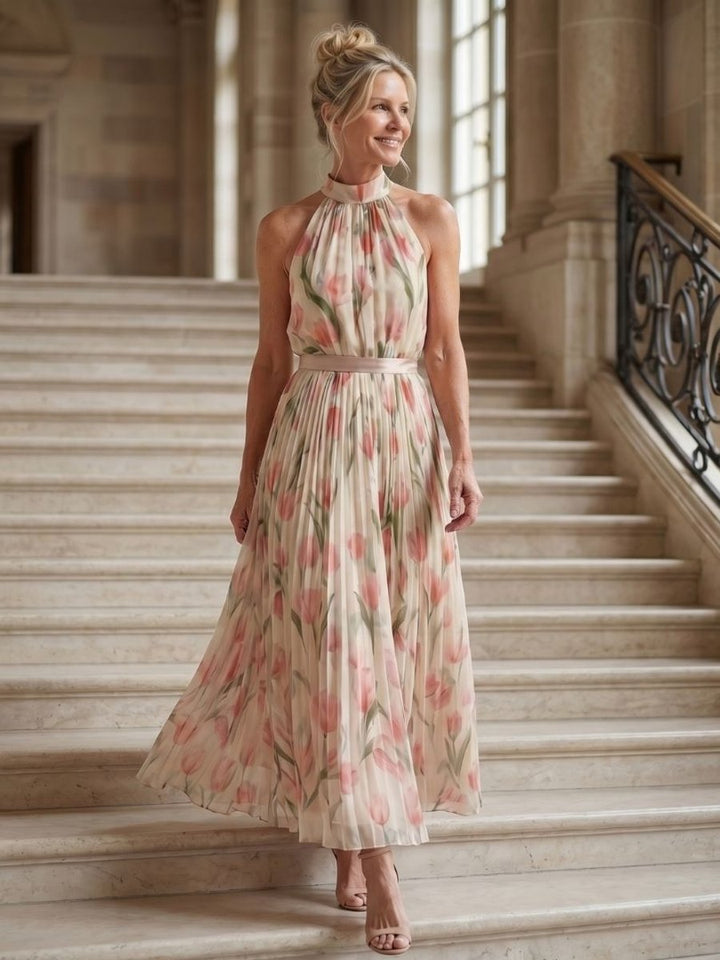 Women's Everyday Day Dress Floral Halter Neck Pleated Midi