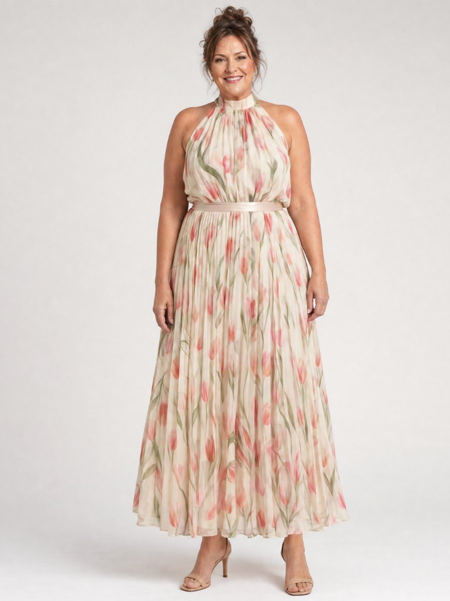 Women's Everyday Day Dress Floral Halter Neck Pleated Midi