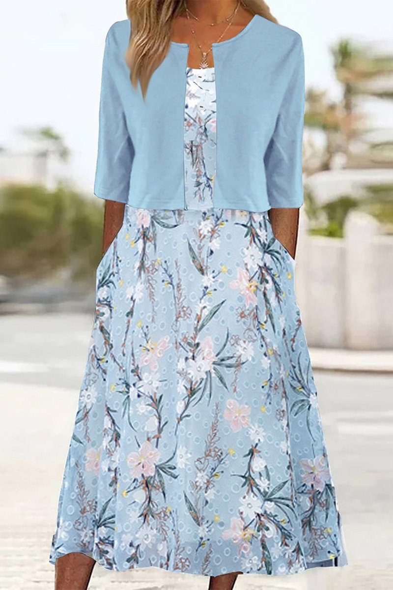 Women's Everyday Day Dress Floral Midi Cropped Cardigan Two-Piece Set