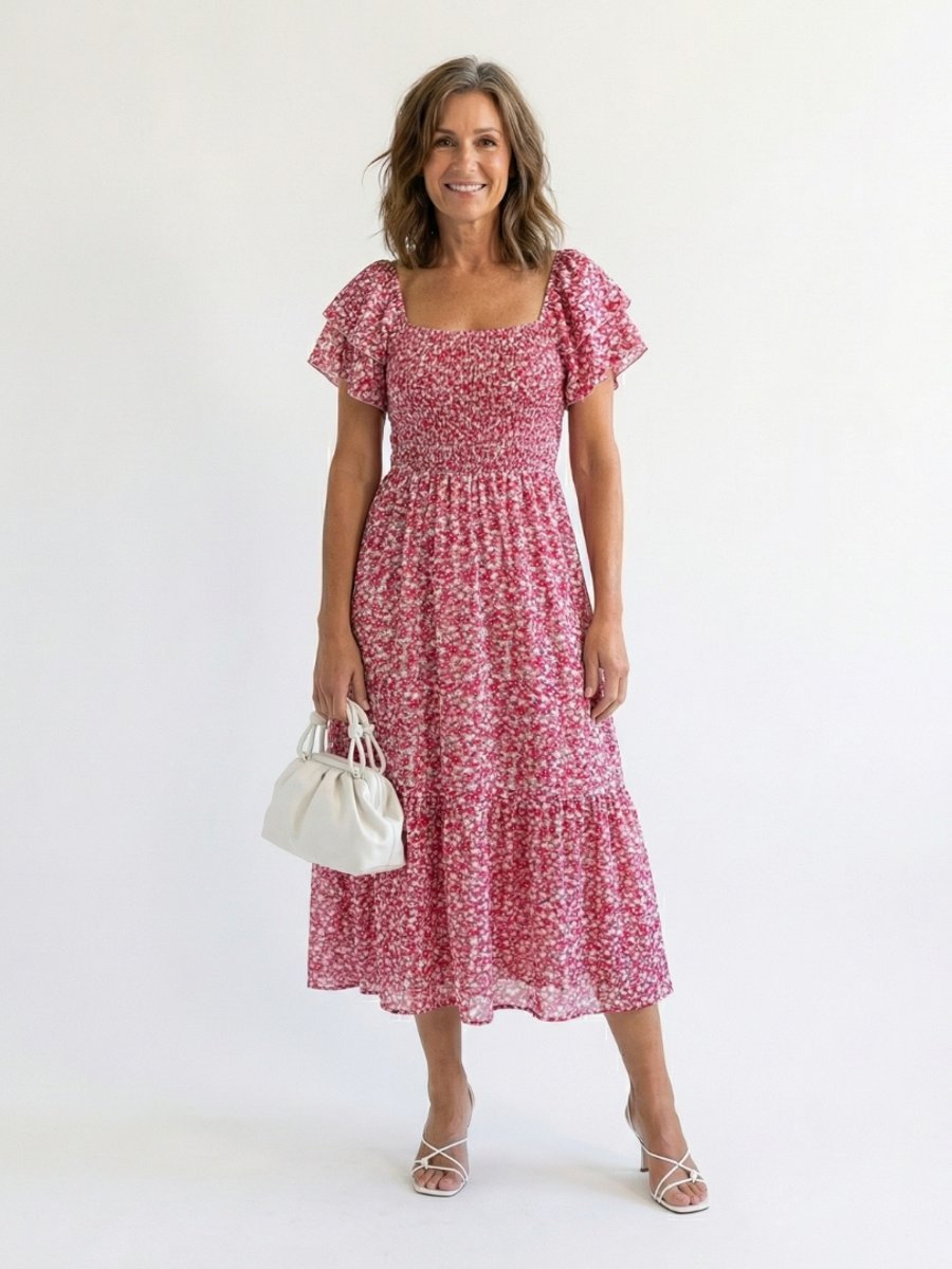 Women's Everyday Day Dress Floral Smocked Square-Neck Midi