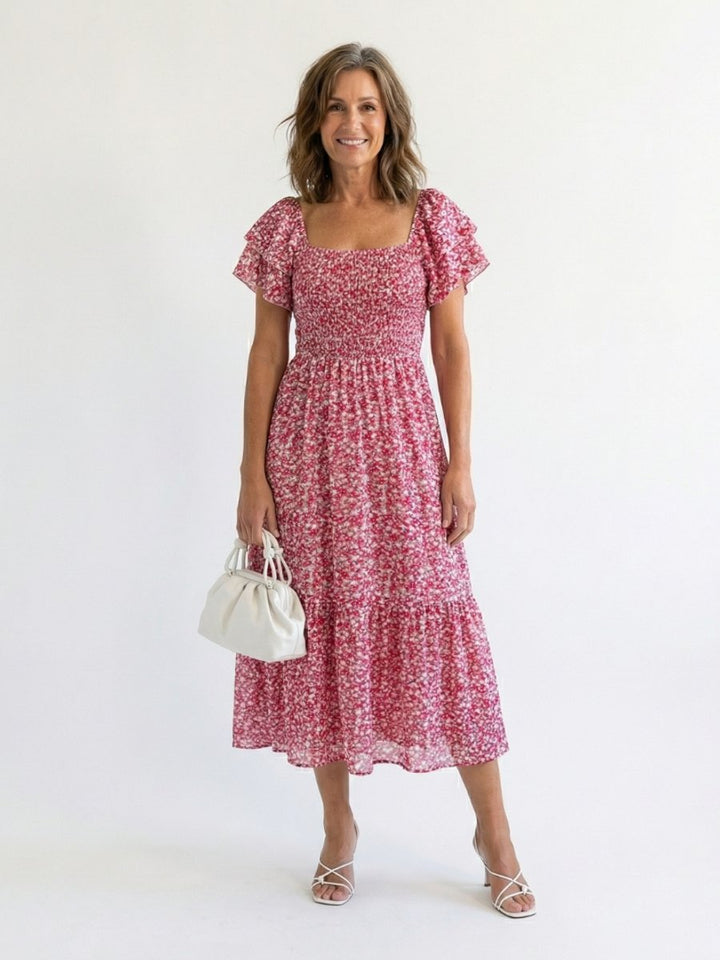 Women's Everyday Day Dress Floral Smocked Square-Neck Midi