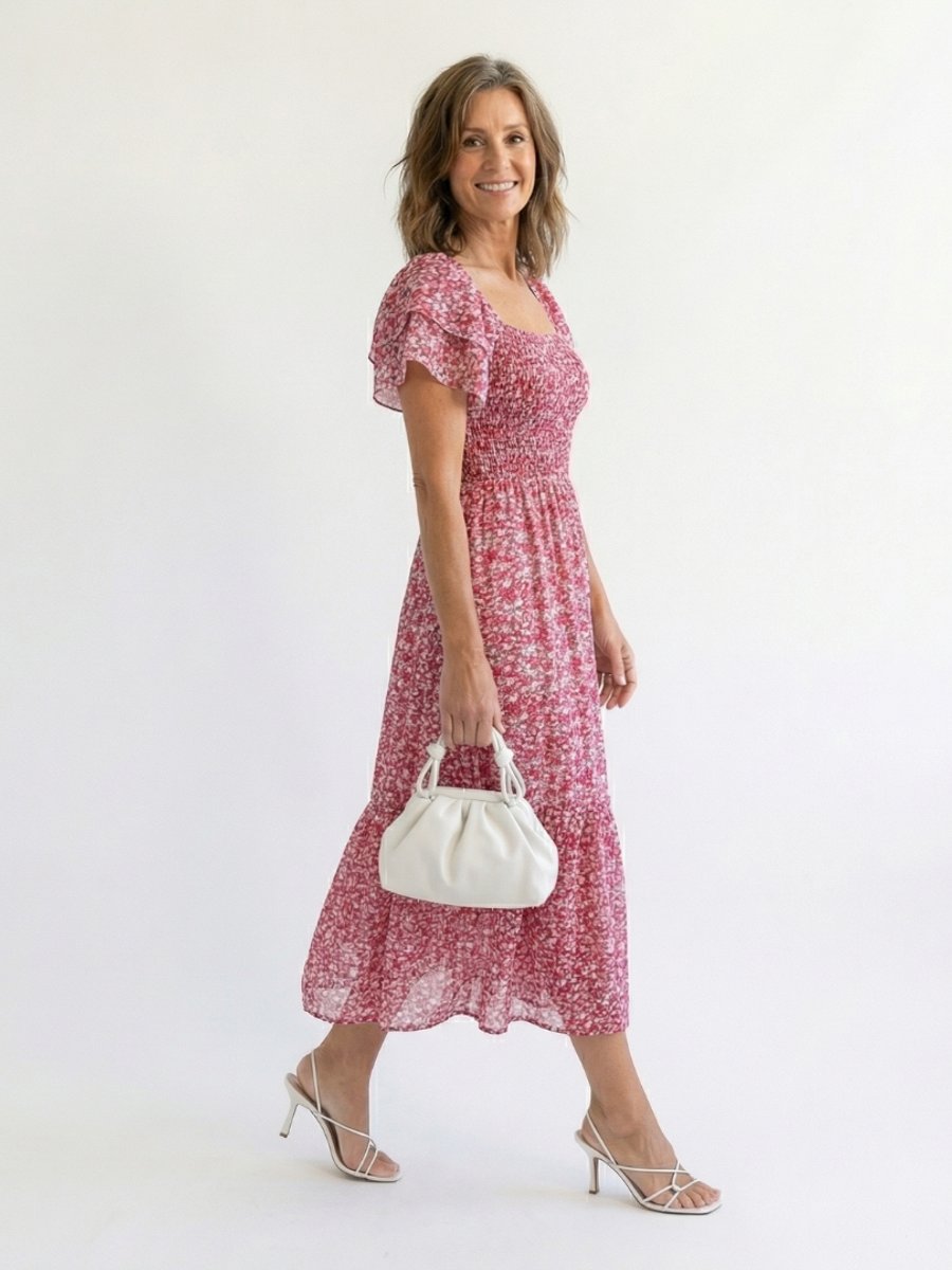 Women's Everyday Day Dress Floral Smocked Square-Neck Midi