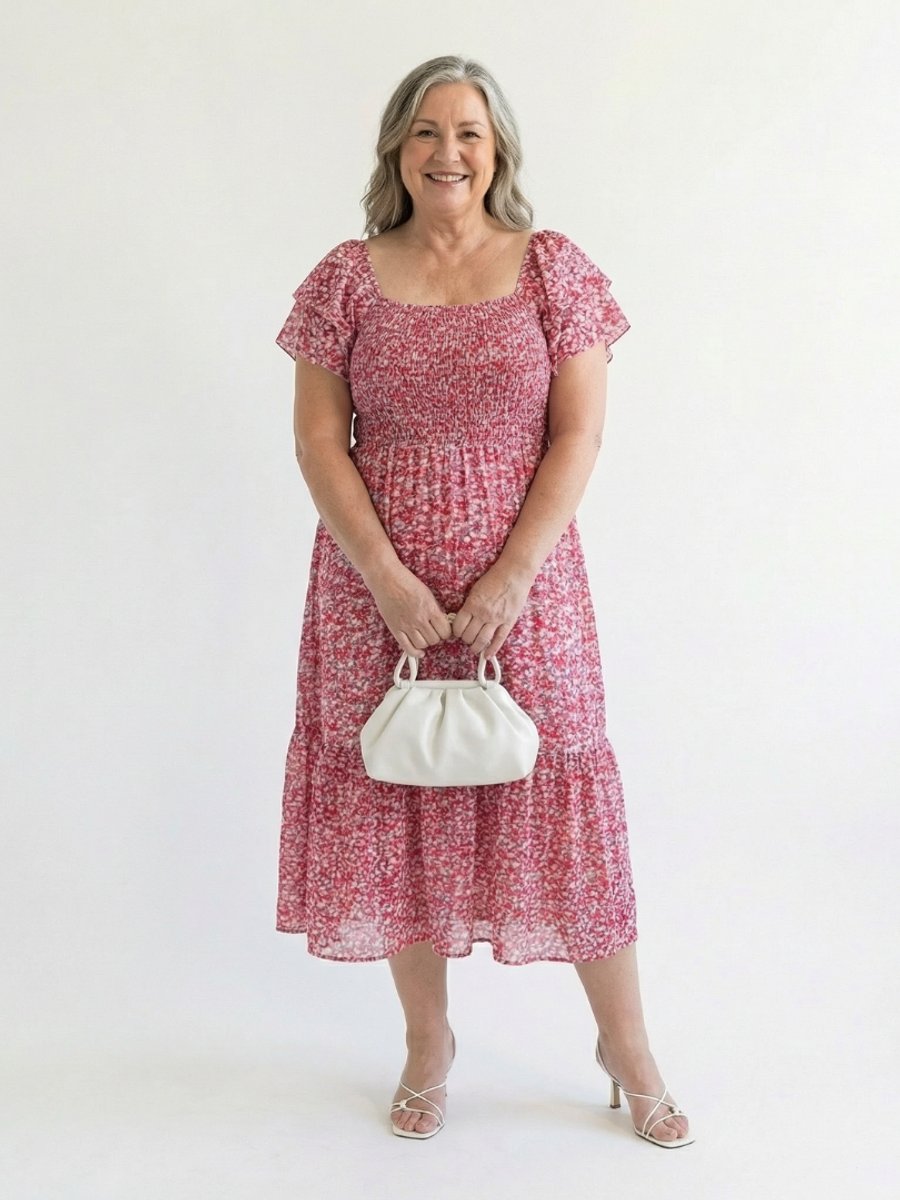 Women's Everyday Day Dress Floral Smocked Square-Neck Midi
