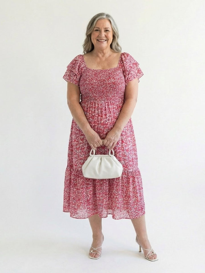 Women's Everyday Day Dress Floral Smocked Square-Neck Midi
