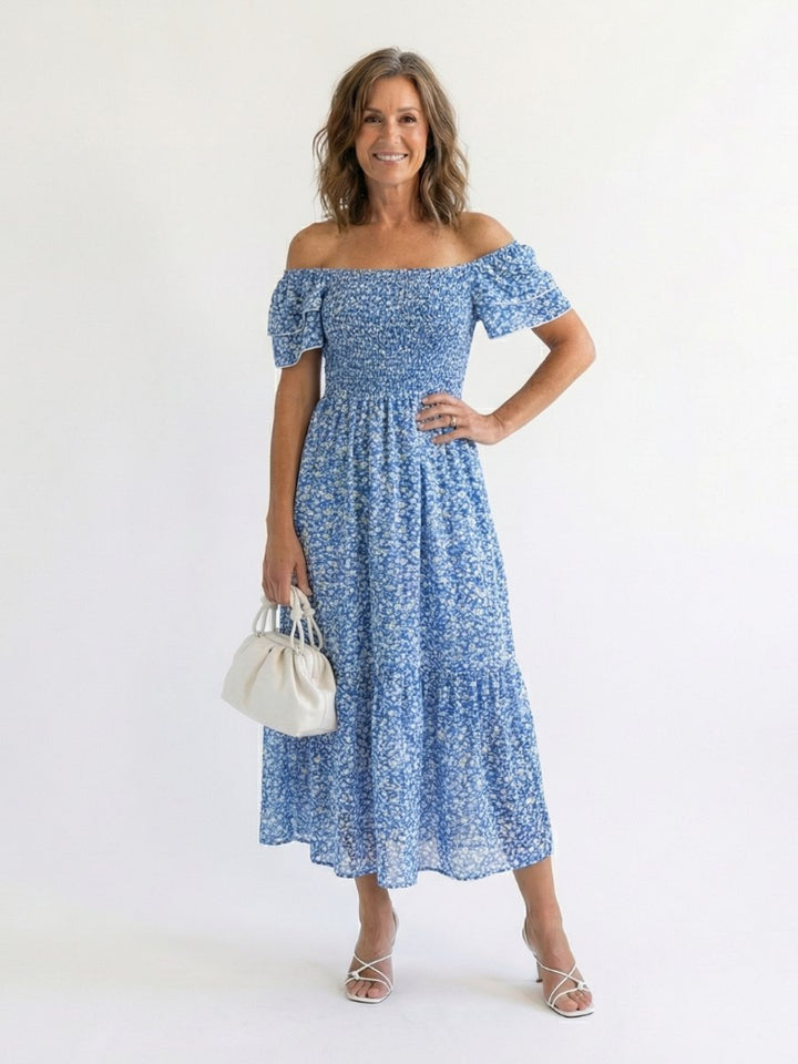 Women's Everyday Day Dress Floral Smocked Square-Neck Midi