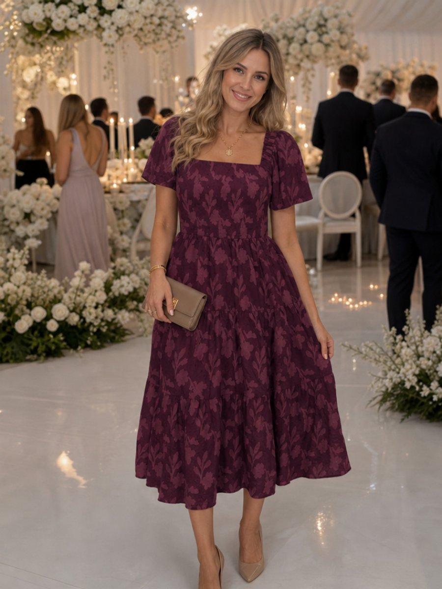 Women's Everyday Day Dress Floral Textured Square-Neck Tiered Midi