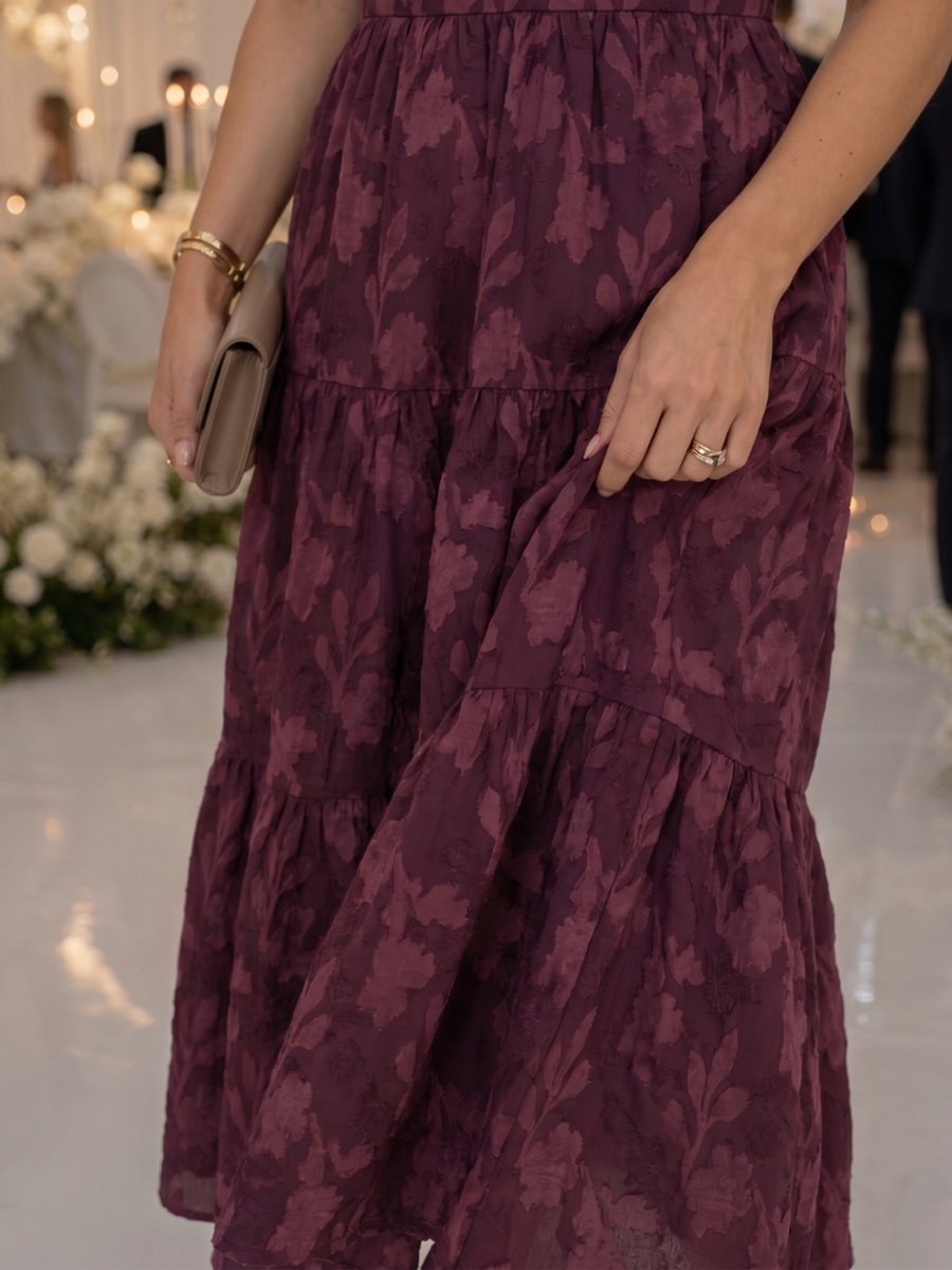 Women's Everyday Day Dress Floral Textured Square-Neck Tiered Midi