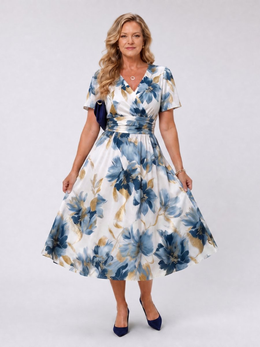 Women's Everyday Day Dress Floral Wrap Midi Short Sleeve