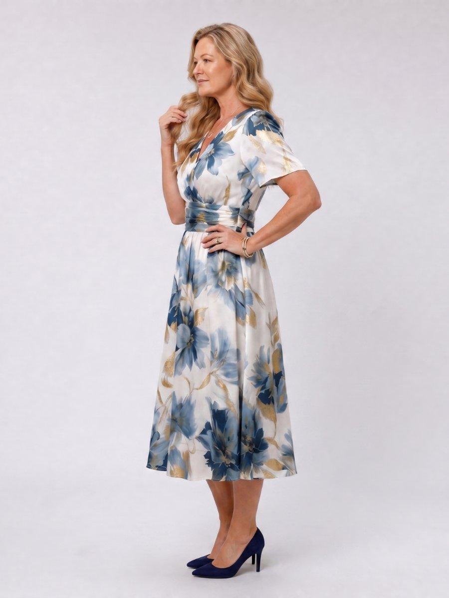 Women's Everyday Day Dress Floral Wrap Midi Short Sleeve
