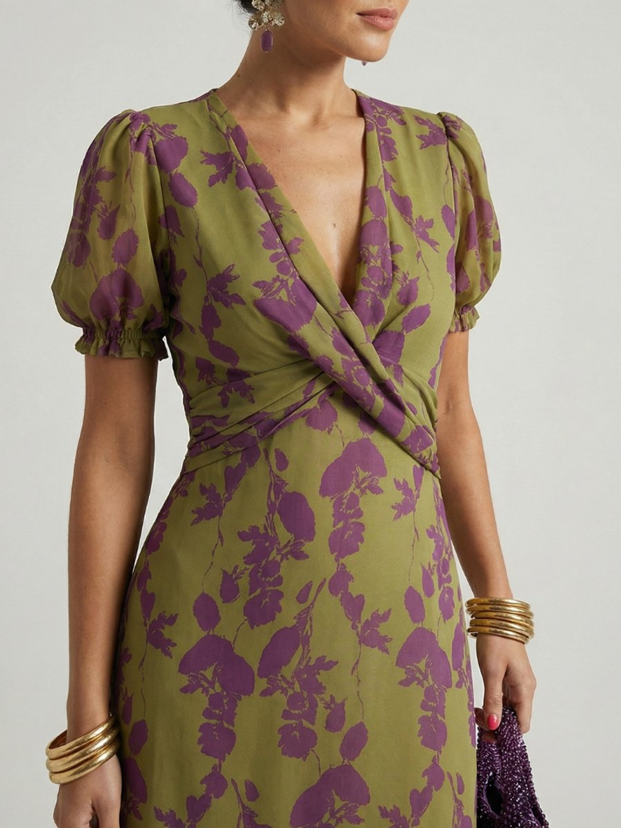 Women's Everyday Day Dress Floral Wrap Midi Short Sleeve