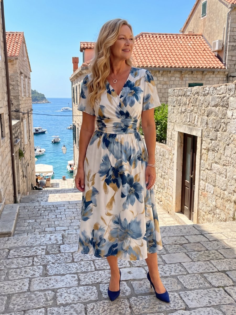 Women's Everyday Day Dress Floral Wrap Midi Short Sleeve